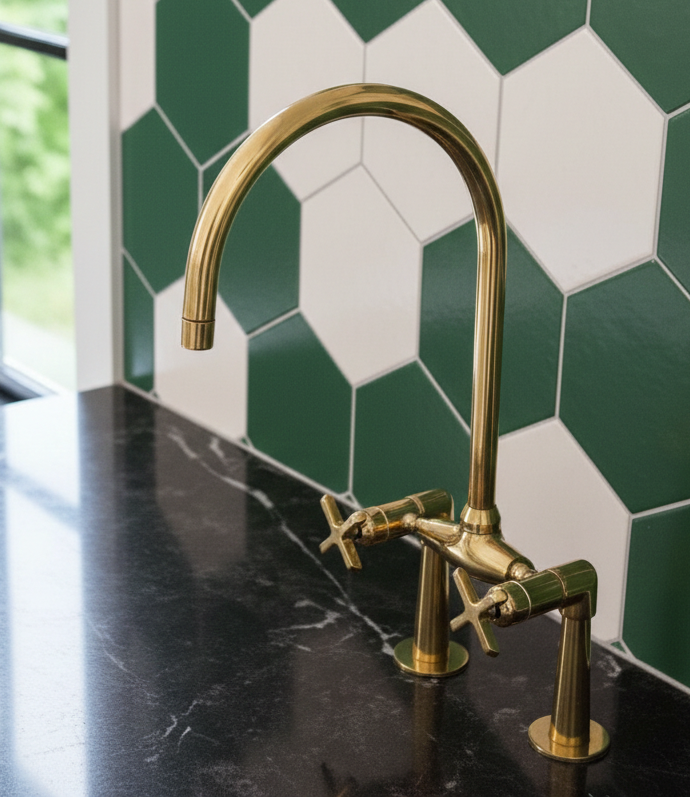 The Medina Curve: Hand-Forged Bridge Faucet – Artisan Brass Series with Curved Architectural Legs