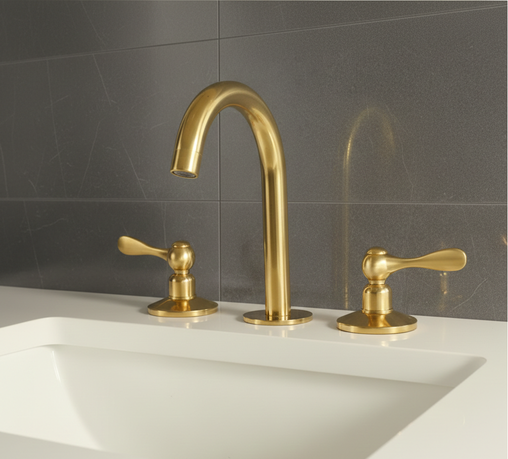 Gold faucet and handles on a white sink with a gray tiled wall background