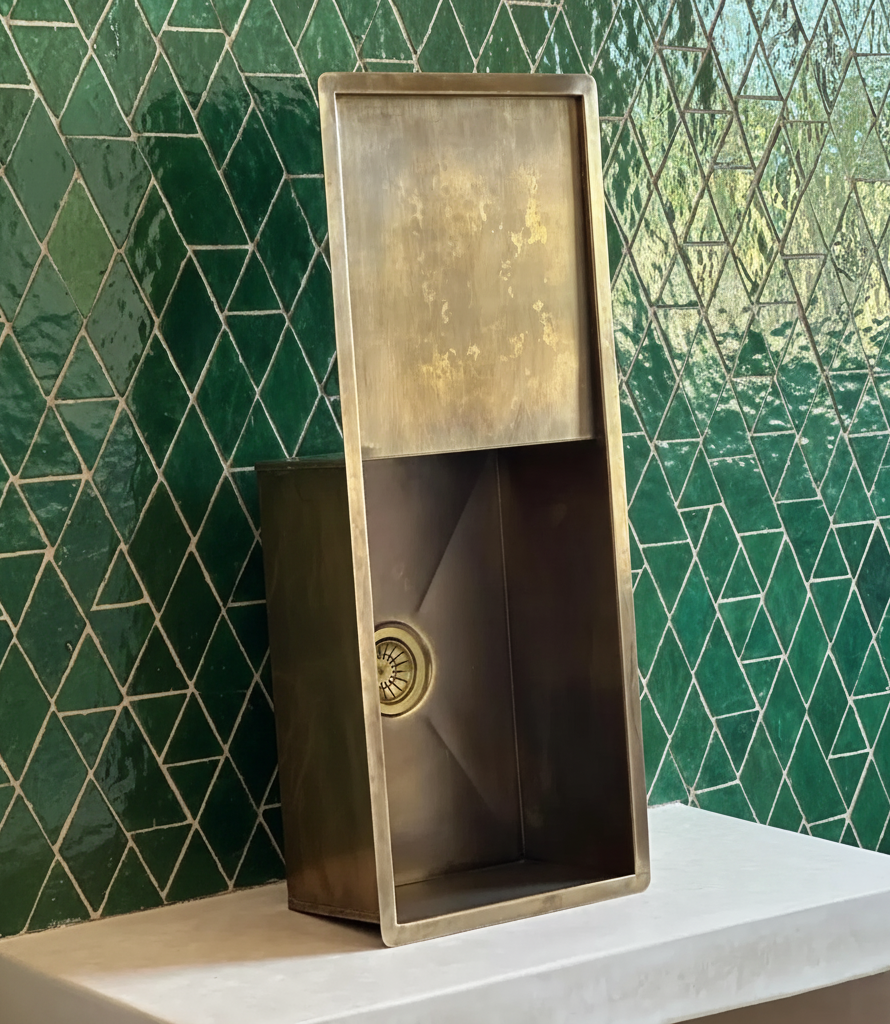 Bespoke Living-Finish Brass Sink: Hand-Crafted Kitchen Workstation with Fluted Drain Board