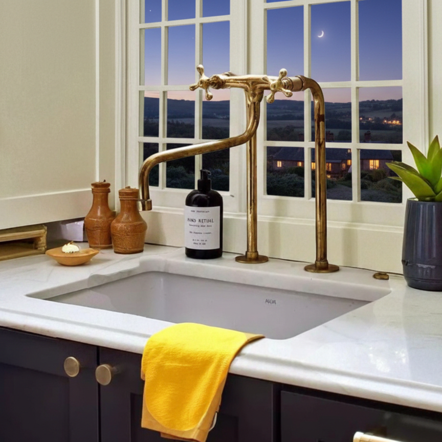 Hand-Forged Unlacquered Brass Kitchen Faucet with Sprayer | TheMedinaBrass