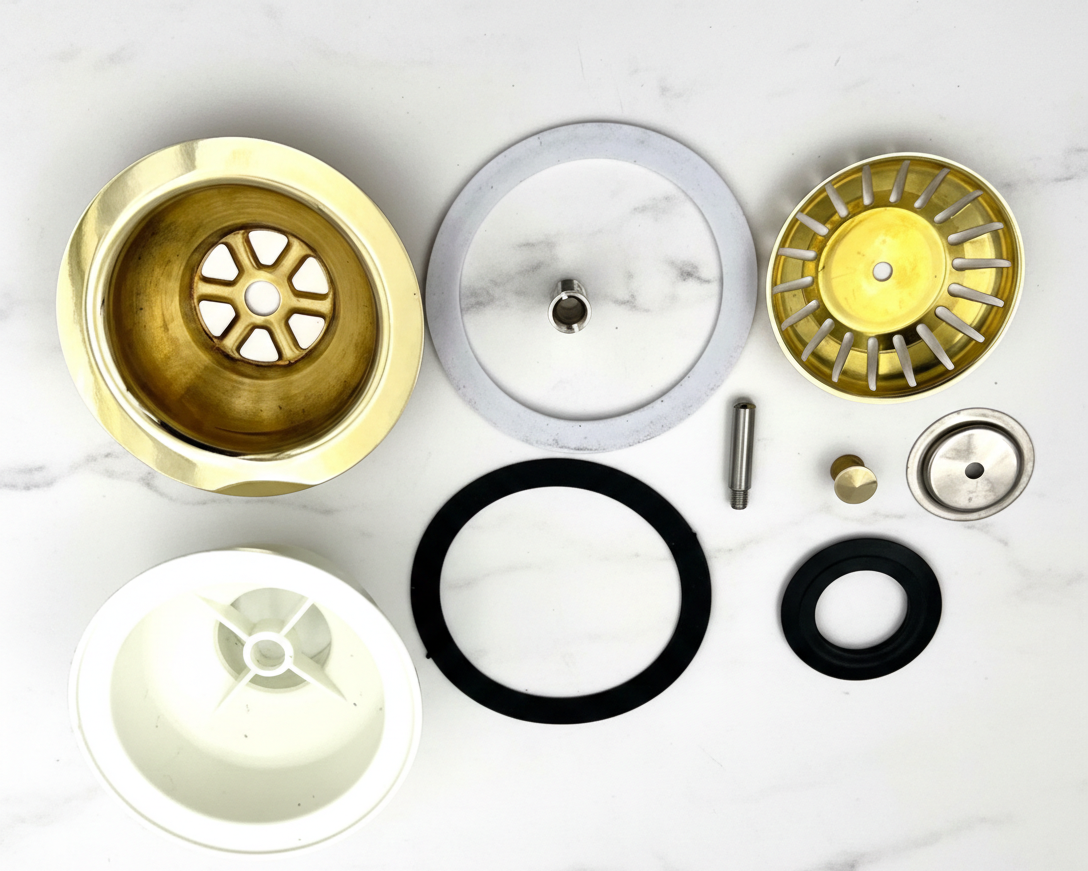 The Medina Artisan Sink Strainer – Hand-Finished Unlacquered Brass Drain Assembly with Removable Debris Basket