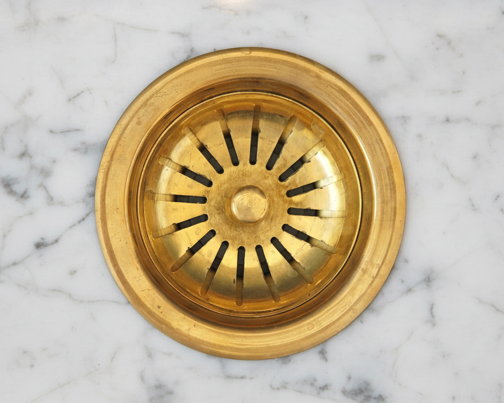 The Medina Artisan Sink Strainer – Hand-Finished Unlacquered Brass Drain Assembly with Removable Debris Basket