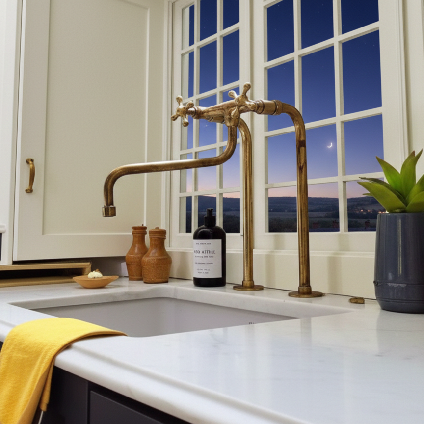 Hand-Forged Unlacquered Brass Kitchen Faucet with Sprayer | TheMedinaBrass