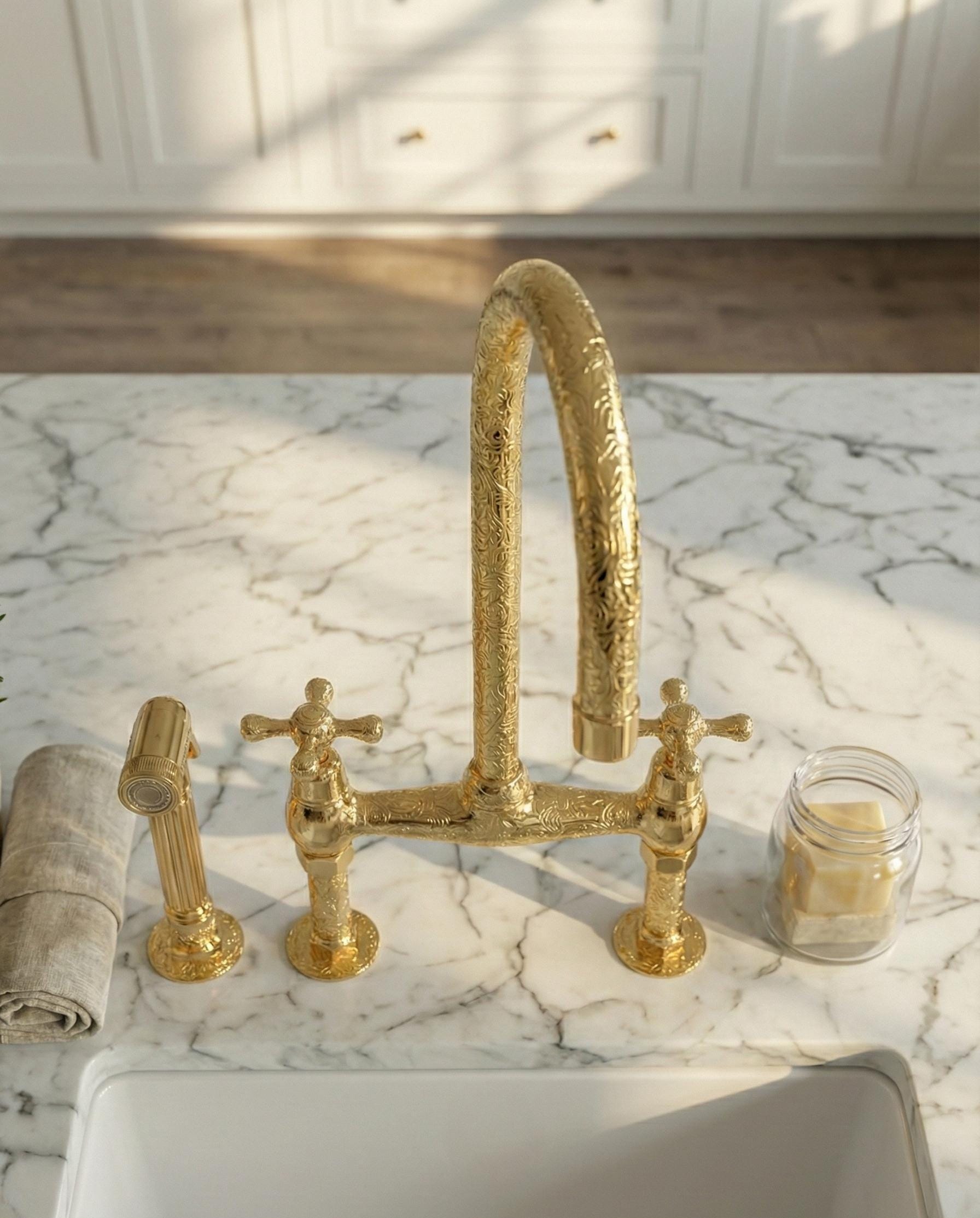 Solid Gold Kitchen Tap with Sprayer - US Plumbing Compatible (Adapters Included)