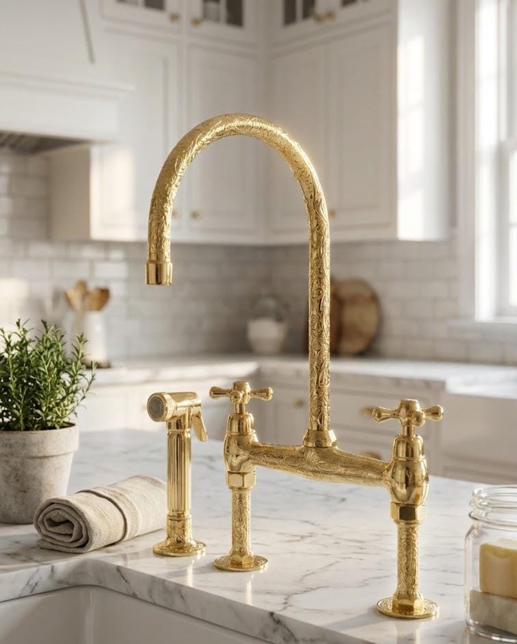 Solid Gold Kitchen Tap with Sprayer - US Plumbing Compatible (Adapters Included)