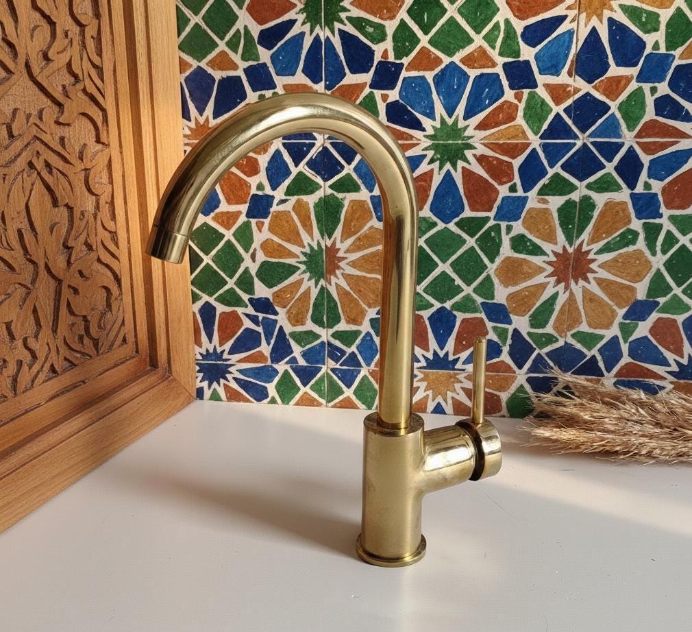 Bespoke Unlacquered Brass Faucet: Artisan-Signed Fes Heritage Suite
