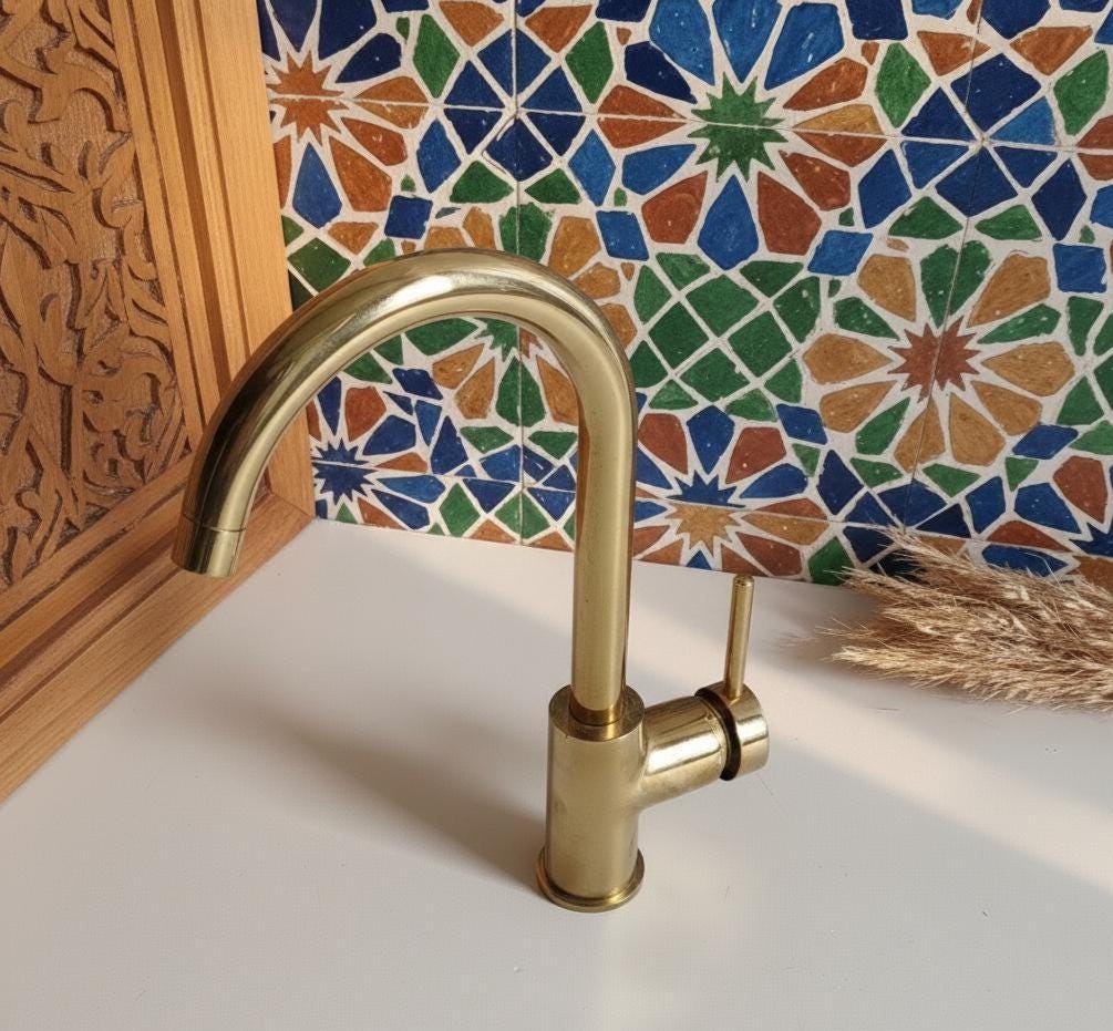 Bespoke Unlacquered Brass Faucet: Artisan-Signed Fes Heritage Suite