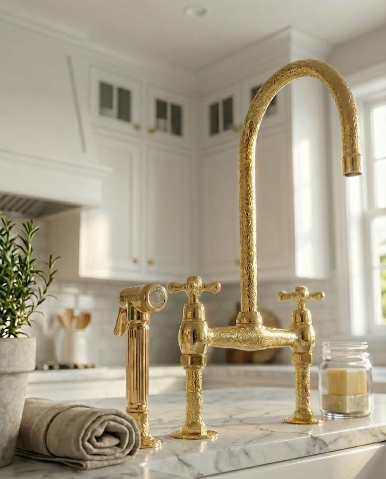 Solid Gold Kitchen Tap with Sprayer - US Plumbing Compatible (Adapters Included)