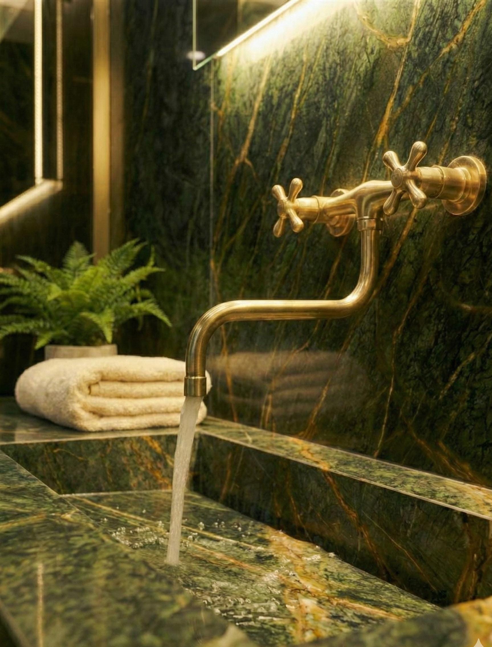 Heritage Wall-Mount Mixer: Adjustable Unlacquered Brass Kitchen Faucet